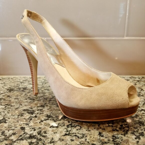 MICHAEL Michael Kors York Peep Toe Sling Back Suede / Wood  4.5" Heel  Size 8.5M - Picture 1 of 16